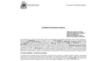 Imagem mostra o termo de adesão ao Fundo Garantia-Safra 2024/2025**, firmado pelo **ex-prefeito Nilson José Rodrigues (Maguila) entre o Município de Correntina e o Governo do Estado da Bahia, oficializando a participação do município no programa voltado ao apoio aos agricultores familiares.