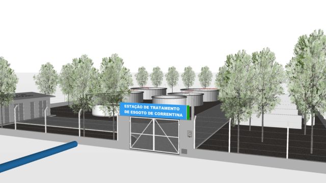 Maquete digital da Estação de Tratamento de Esgoto de Correntina, mostrando a entrada com portão cercado, placa de identificação azul e branca e, ao fundo, tanques circulares cercados por árvores.