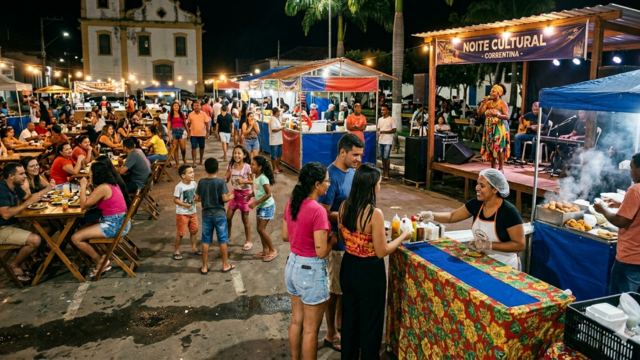 Fotografia noturna ao ar livre de uma feira cultural em Correntina. Em primeiro plano, à direita, uma mulher sorridente com touca branca atende clientes em uma barraca de comida decorada com tecido floral colorido. Ao centro, crianças brincam e pessoas caminham entre as barracas. À esquerda, diversas pessoas estão sentadas em mesas de madeira jantando. Ao fundo, à direita, há um palco iluminado com a inscrição "Noite Cultural - Correntina", onde uma mulher com vestido colorido canta acompanhada por músicos. Uma igreja histórica iluminada e palmeiras compõem o cenário ao fundo.