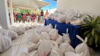 Sacolas com alimentos do PAA organizadas para distribuição durante ação da Prefeitura de Correntina.