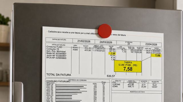 Conta de energia elétrica impressa fixada na porta de uma geladeira com um ímã vermelho. O documento mostra detalhes de consumo, valores, impostos e destaque para a tarifa de iluminação pública no valor de R$ 7,58. Ao fundo, uma cozinha iluminada com utensílios e plantas.