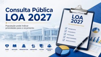 Arte da Prefeitura de Correntina anuncia a Consulta Pública da LOA 2027, com a mensagem de que a população pode indicar prioridades para o orçamento. A imagem apresenta uma prancheta com a inscrição “LOA 2027” e ícones relacionados a saúde, educação, infraestrutura, agricultura, cultura e assistência social.