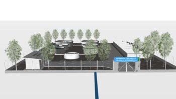 Ilustração em perspectiva da futura Estação de Tratamento de Esgoto (ETE) de Correntina, mostrando tanques de tratamento, edifício de apoio, área cercada, arborização e o portal de acesso identificado como