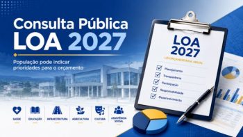 Arte da Consulta Pública da LOA 2027, com ilustração de prancheta e gráficos. A imagem informa que a população pode indicar prioridades para o orçamento municipal nas áreas de saúde, educação, infraestrutura, agricultura, cultura e assistência social.