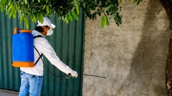 Agente de Endemias realiza borrifação em área externa de uma residência durante ação de combate ao mosquito Aedes aegypti em Correntina.