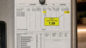 Conta de energia elétrica destacando a cobrança da Tarifa de Iluminação Pública no valor de R$ 7,58. A imagem mostra detalhes do consumo de energia, valores da fatura e histórico de consumo mensal do imóvel.